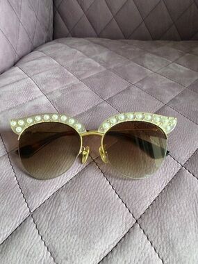Gucci Gold Cat-Eye Sunglasses with Pearl Accents and Brown Gradient Lenses